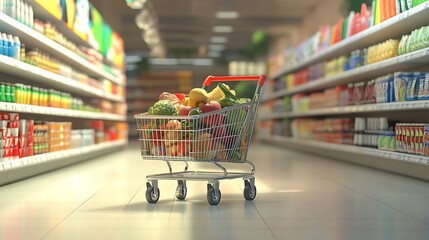 Full shopping cart with fresh produce in supermarket aisle.