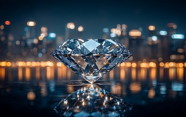 Fototapeta premium Sparkling diamond reflects city lights at night.