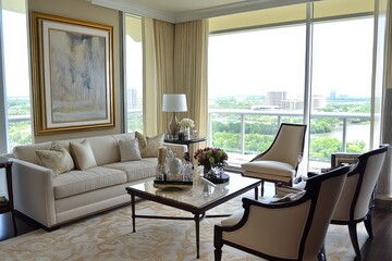 Fototapeta premium Elegant and Modern Living Room with Expansive Windows Overlooking a Scenic View, Featuring Stylish Furniture and Tasteful Decor Elements