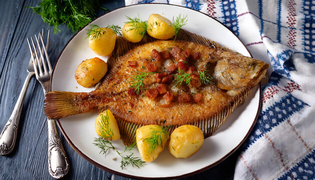 finkenwerder, scholle, art, essen, mit, speck, kartoffeln, fisch, neu, close up, teller, kartoffel, auf, holz, tisch, bratkartoffeln, speckscholle, norddeutsch, deftig, hamburg, bremen, kutterscholle,