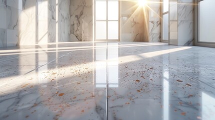 Bright and Spacious Marble Interior with Sunlight Streaming Through Large Window Creating a Serene and Elegant Atmosphere