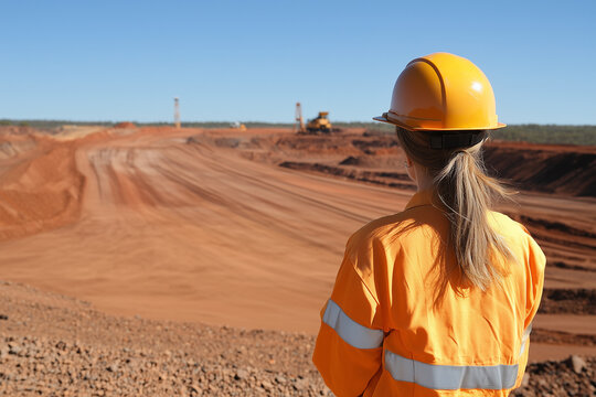 female on mine site from back angle wearing hard hat, high vis vest, and ppe in australia