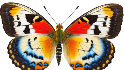 PNG of A vibrant butterfly displaying striking orange, blue, and yellow patterns on its wings, showcasing natural beauty on transparent background