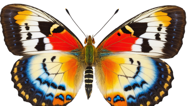 PNG of A vibrant butterfly displaying striking orange, blue, and yellow patterns on its wings, showcasing natural beauty on transparent background