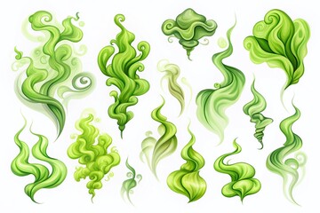 Cartoon Illustrations of Various Green Smoke Patterns on White Background Featuring Stinky Smoke Shapes for Creative and Fun Designs