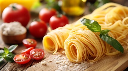 Italian Cuisine Concept Featuring Fresh Pasta with Tomatoes and Basil for Culinary Inspiration : Generative AI