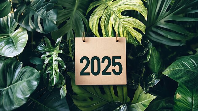 2025 calendar page nestled in lush tropical foliage.