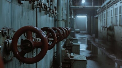 Fototapeta premium Industrial facility interior covered in water, dimly lit and foreboding, with aged machinery and wet surfaces adding to the atmosphere.