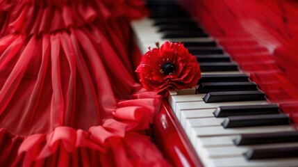 red cloth on red flower on piano decoration beautiful women's red concert dress with a flower...