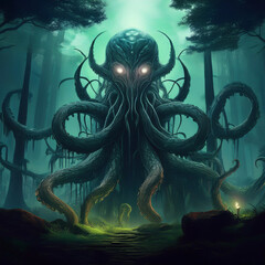 Naklejka premium A mesmerizing and captivating depiction of a mysterious cosmic entity lurking within a dark, mystical forest