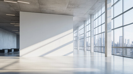 Fototapeta premium A blank white wall in a concrete office with large windows, ideal for mockups or 3D rendering.
