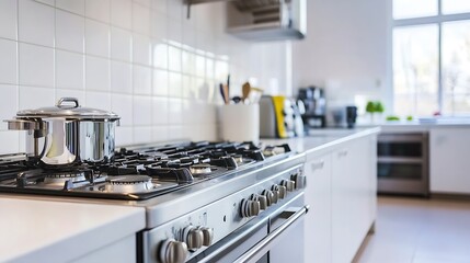 Modern Clean Kitchen Interior with Stainless Steel Appliances and Gas Stove : Generative AI