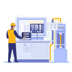 An engineer stands before a large control panel with multiple screens displaying graphs and data Industrial equipment surrounds the engineer indicating a monitoring or control room Vector illustration