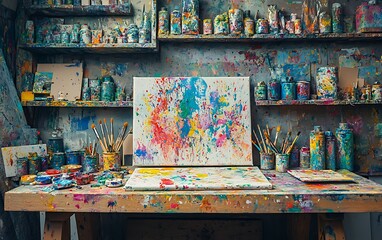Colorful abstract painting on easel in messy art studio with paint, brushes, and canvases.