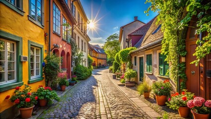 Fototapeta premium Charming Narrow Street in a Historic Town with Vibrant Facades and Cobblestone Pathway Captured in High Depth of Field, Showcasing Architectural Details and Lush Greenery