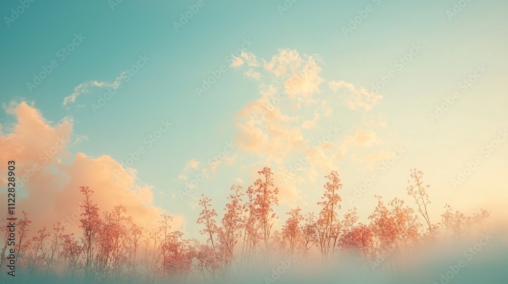 Poster Soft hues of a mocha sky blend harmoniously with rising clouds at twilight, creating a serene escape in nature's embrace