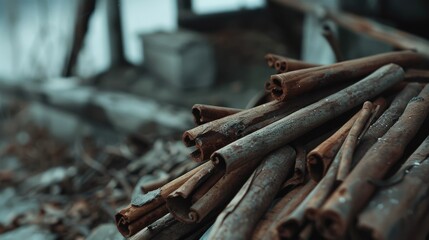Close-up of a pile of cinnamon sticks, their earthy texture and seasoned aroma evoking thoughts of warmth and spicy flavors.