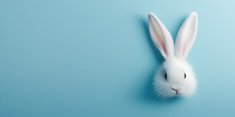 Obraz premium Adorable White Bunny Isolated Against a Soft Blue Background, copy space