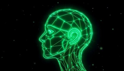 Obraz premium A glowing wireframe head with a futuristic, technological appearance against a dark background with sparkling lights, Artificial Intelligence Abstract Concepts, created with generative ai