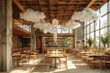 Fototapeta premium Modern Restaurant Interior with Wooden Beams and Cloud-Shaped Lighting