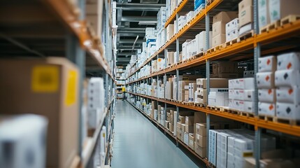 Fototapeta premium Vast Modern Warehouse with High Shelves Fully Stocked with Various Merchandise in Industrial Setting : Generative AI