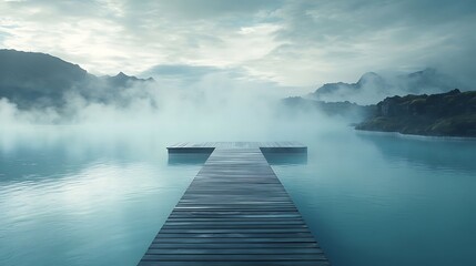 Obraz premium Serene foggy morning at blue lagoon nature landscape photography