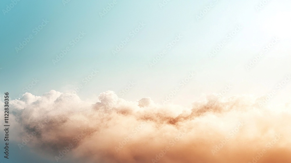 Poster soft hues of mocha and sky blend gracefully as morning light embraces wispy clouds, creating a seren