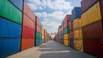 Fototapeta premium Colorful shipping containers stacked at a commercial port under a bright blue sky : Generative AI