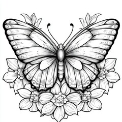 Fototapeta premium Intricate Line Art of a Butterfly Surrounded by Flowers