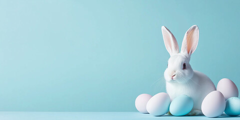 Obraz premium White Easter Bunny With Painted Eggs on a Pastel Blue Background, copy space