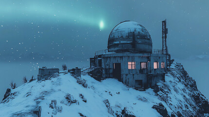 Obraz premium An abandoned observatory on a mountain peak, covered in snow and lit by the soft glow of the Northern Lights.