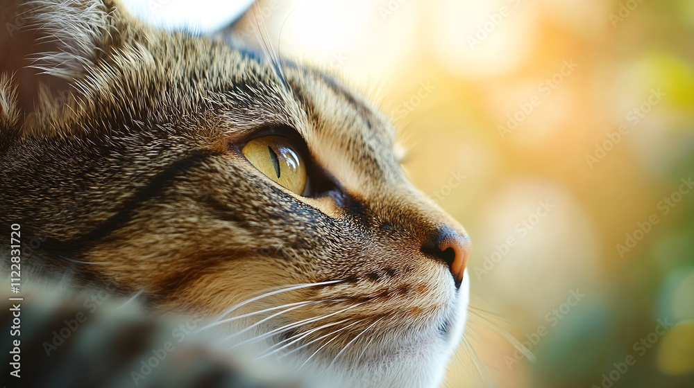 Aufkleber cat gazing into the distance with intense and curious expression at sunset : generative ai