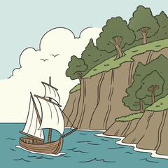 Ship and Hill Vector Illustration