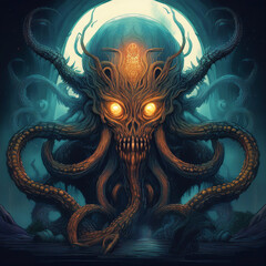 Obraz premium A mesmerizing and captivating portrayal of a Lovecraftian creature lurking under a dark moonlit sky at night