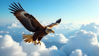 Obraz premium A majestic golden eagle soaring high above the clouds, its wings spread wide against the bright blue sky, Red kite flying against clouds, created with generative ai
