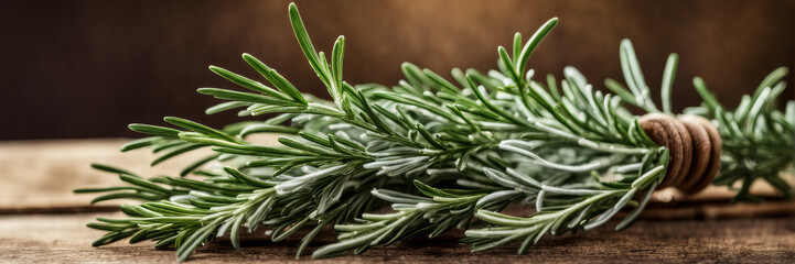 Obraz premium Sprigs of rosemary, artfully arranged as a fragrant background for the demonstration of products on a wooden table. A banner with a bokeh effect and a place to copy it.