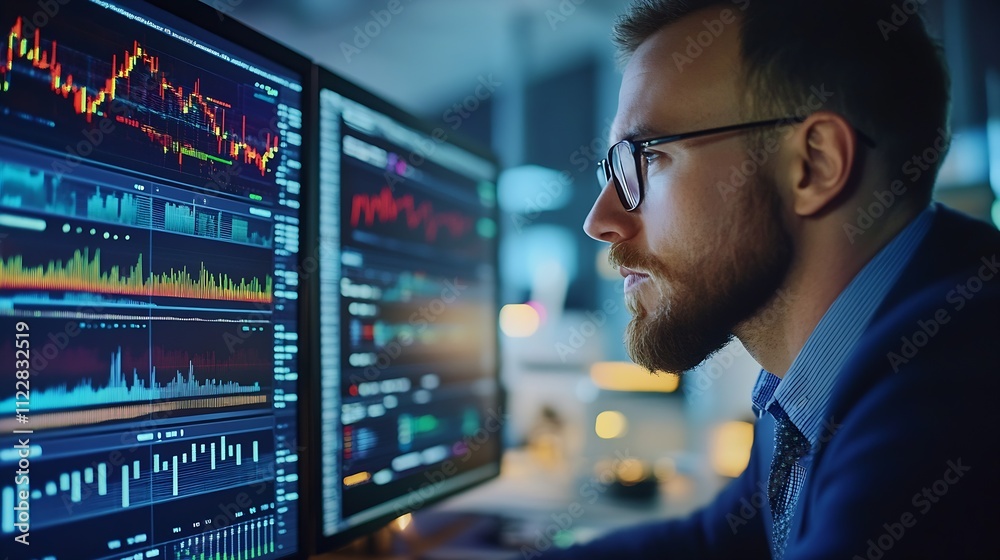 Fototapete Young male trader analyzing financial charts and trends on multiple computer screens at day : Generative AI