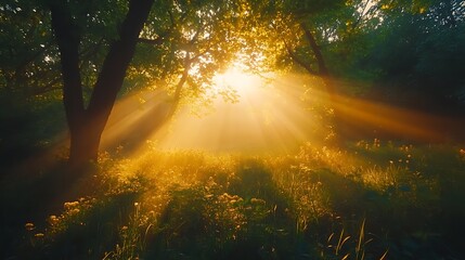 Obraz premium Forest bliss sunlight breaking through trees in nature photography