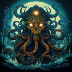 An artistic illustration depicting Cthulhu, the legendary cosmic entity, encompassed by dark oceanic themes
