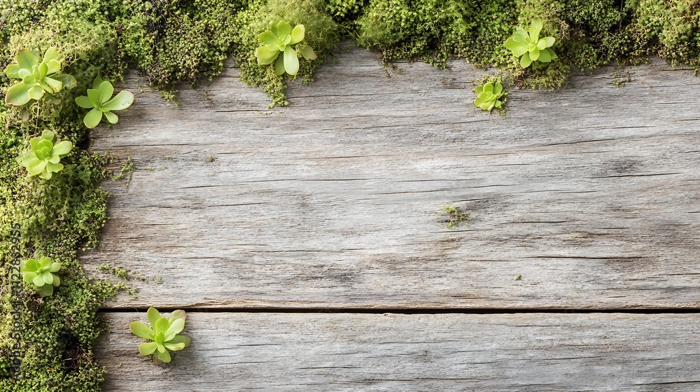 Poster corner of a rustic wooden surface with lush moss and clover creating a vibrant natural detail : gene