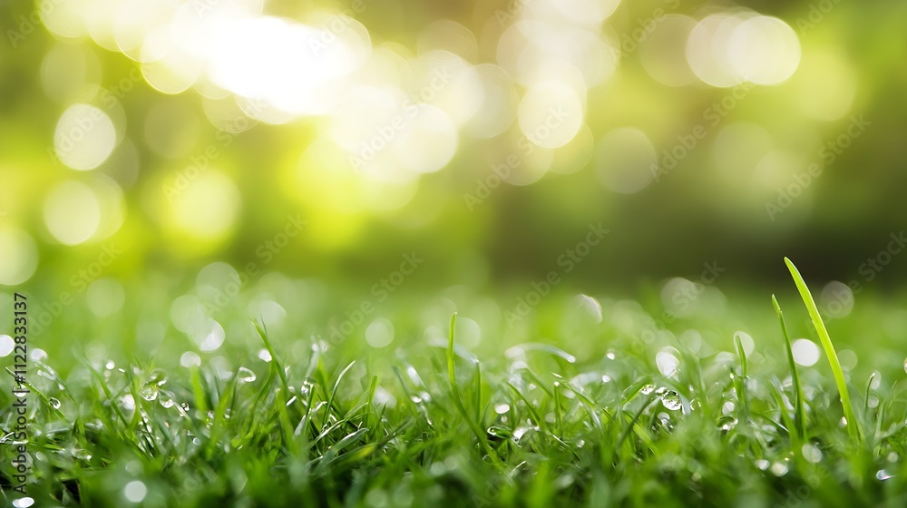 Poster closeup of dew covered green grass with sunlit blurred bokeh background : generative ai