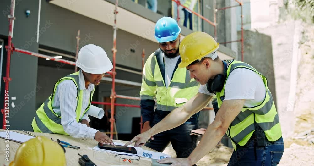 Aufkleber people, meeting and tablet on construction site for planning, property development or project manage