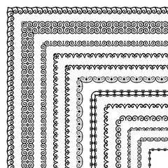 Vector set of corner brushes with vintage geometric patterns. Group of border designs for certificates, friezes, frame, card, invitation, printing on textile, paper. Brushes are included in the file
