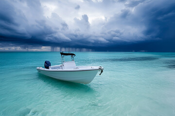 Obraz premium red fishing boat on the ocean , gray clouds