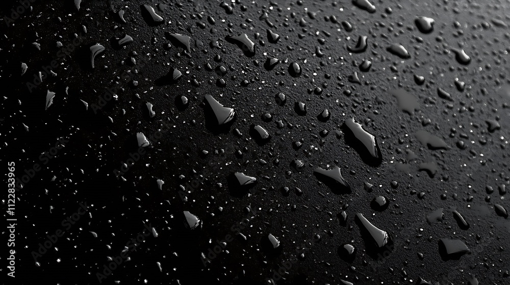 Aufkleber closeup of rain droplets on dark smooth surface with glossy reflections : generative ai
