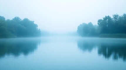 Fototapeta premium Tranquil Morning Mist Over Serene Lake Creating a Peaceful Natural Landscape : Generative AI