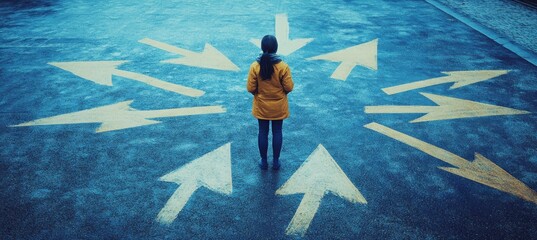 A person standing at a crossroads with multiple directional arrows painted on the ground in a blue-toned urban environment, symbolizing choices and decisions ahead.