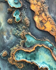 Abstract representation of textured surfaces with vibrant colors and fluid shapes.