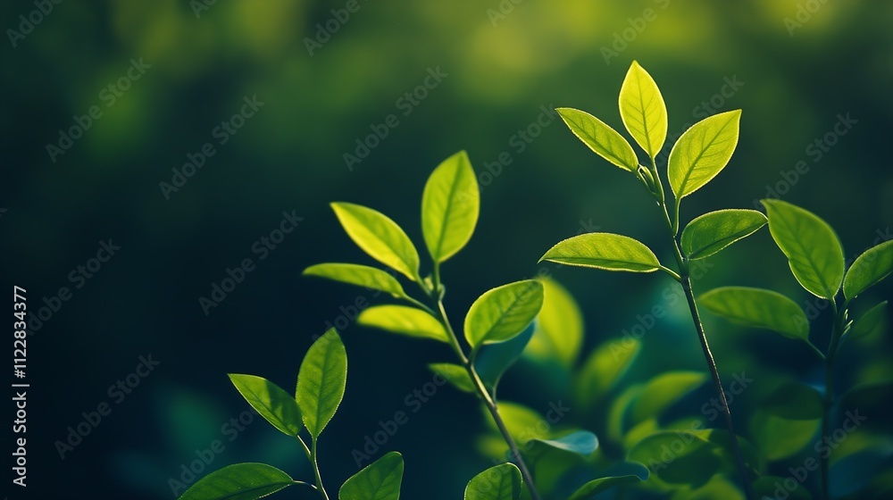 Poster vibrant green leaves illuminated by soft sunlight in a tranquil nature setting : generative ai