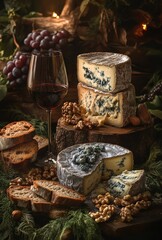 Naklejka premium A Rustic Cheese Platter Displaying Varieties of Blue Cheese Paired with Red Wine, Fresh Grapes, Nuts, and Artisan Bread, Set Against a Natural Background
